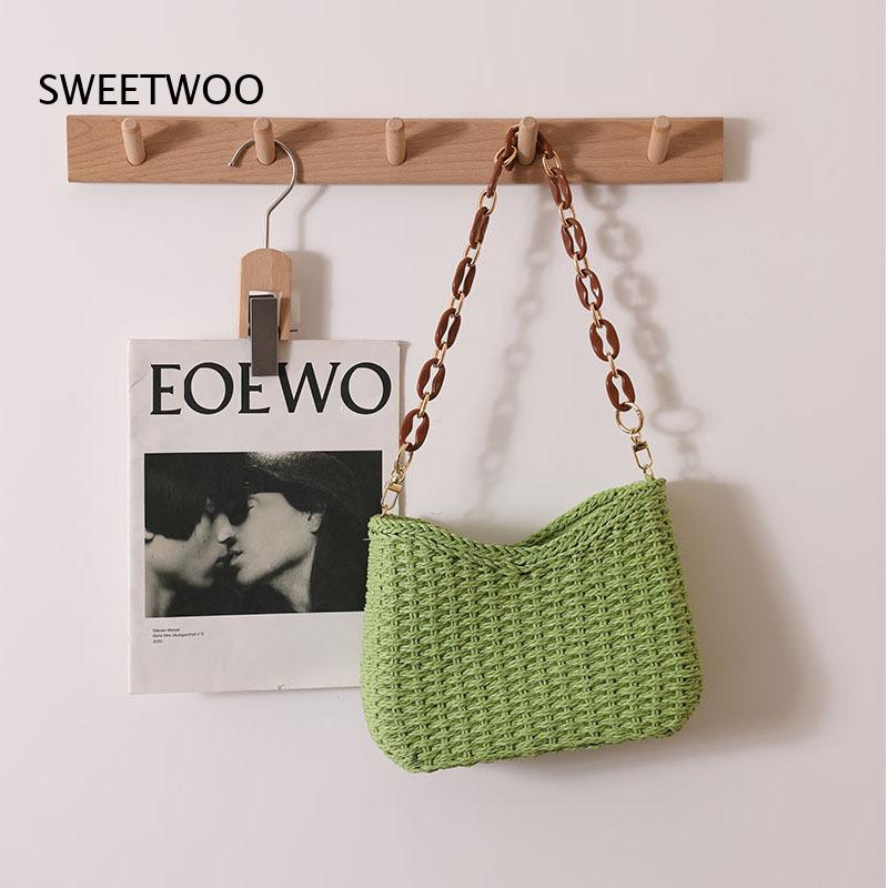 Paper Straw Color - Bolso de Hombro de Paja Tejida
