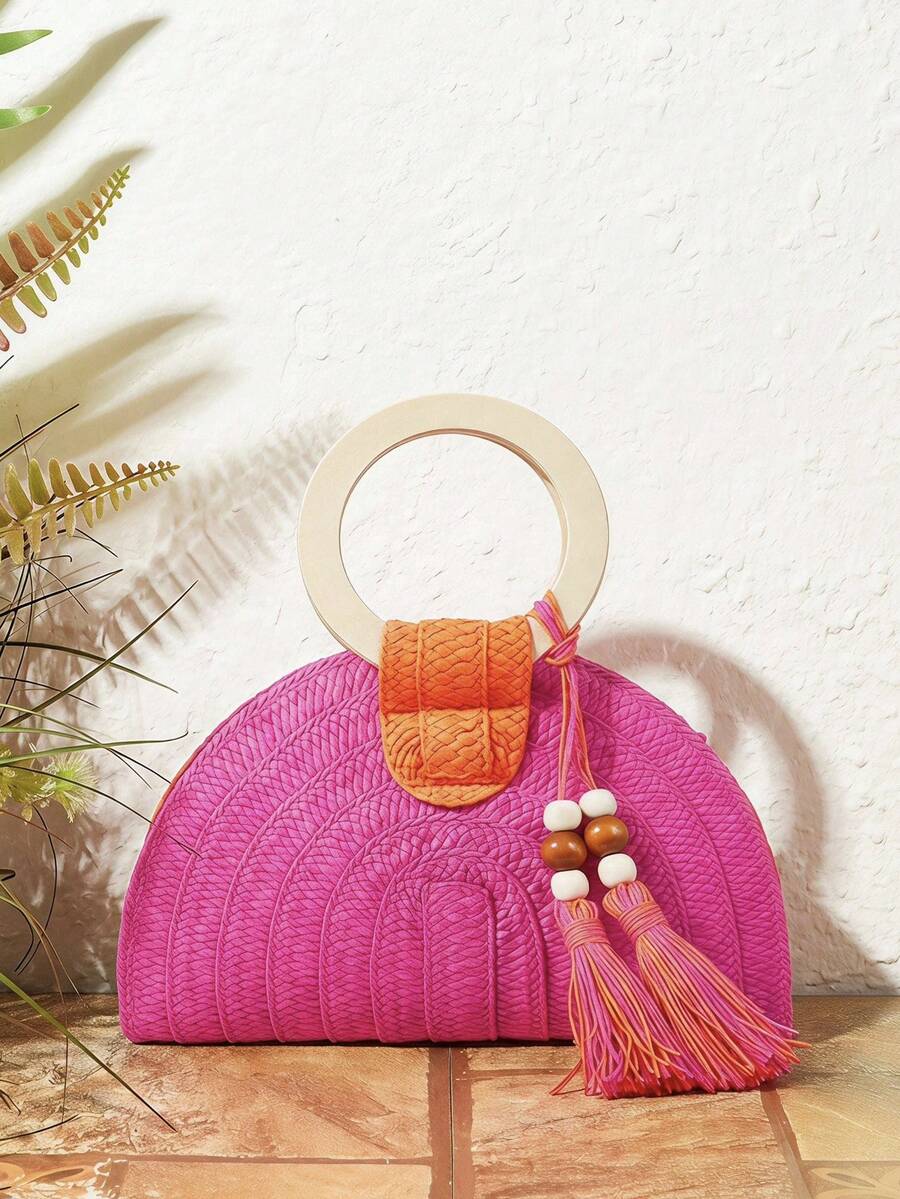 Paper Straw Color - Bolso de mano de mujer, redondo,